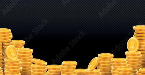 Background with stacks of golden coins. Template with copy space, money, piles of cash or wealth. Banking or finance. Income or profit. Realistic 3D vector illustration isolated on transparent