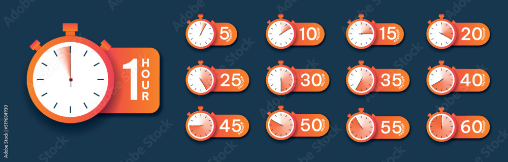 Countdown Timer icons set. Clock with different hours and minutes. Deadline, timer or stopwatch. Design elements for GUI applications. Cartoon 3D vector collection isolated on blue background