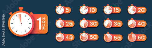 Countdown Timer icons set. Clock with different hours and minutes. Deadline, timer or stopwatch. Design elements for GUI applications. Cartoon 3D vector collection isolated on blue background photo