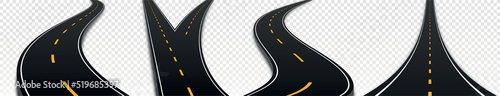 Winding and fork highway set. Collection of trails on copy space. Traffic, car, vehicle and transport space. Travel and trip. Realistic 3D vector illustrations isolated on transparent background