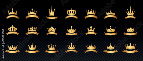 Crowns and ribbon set. Collection of icons on copy space, quality. Treasure and jewels, power symbol and medieval accessories. Cartoon flat vector illustrations isolated on transparent background