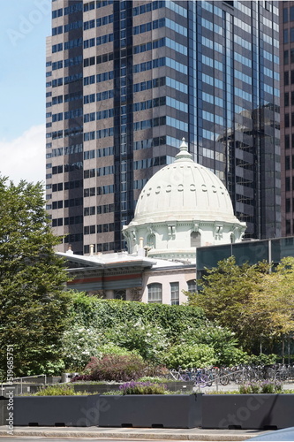 Streetscape of Skyscrapers, Landscaping, Domed Building in Sunlight