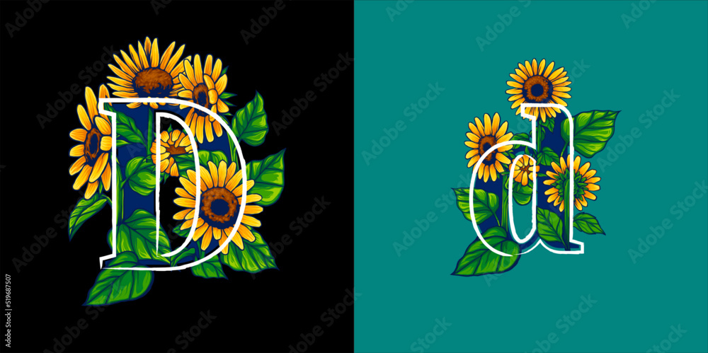 Summer Themed Letter D Illustration with Sunflower Hand Drawn