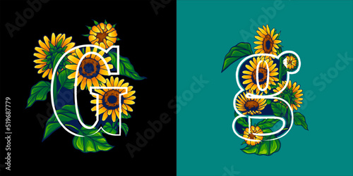 Summer Themed Letter G Illustration with Sunflower Hand Drawn