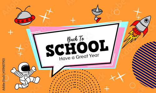 back to school banner with space cartoon icon. cute designs for kids