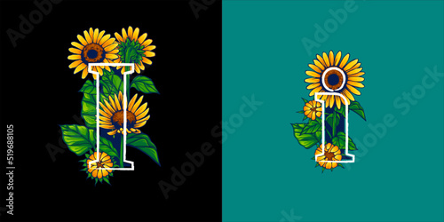 Summer Themed Letter I Illustration with Sunflower Hand Drawn