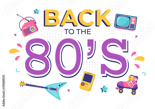 80s Party Cartoon Background Illustration with Retro Music  1980 Radio Cassette Player and Disco in Old Style Design