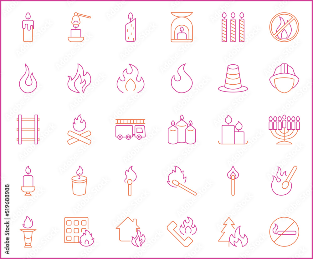 Simple Set of fire Related Vector Line Icons. Contains such Icons as candle, disaster, fireplace, firefighter, hydrant, safety, light symbols and more. Simple Set of fire Related Vector Line Icons. Contains such Icons as candle, disaster, fireplace, firefighter, hydrant, safety, light symbols and more.