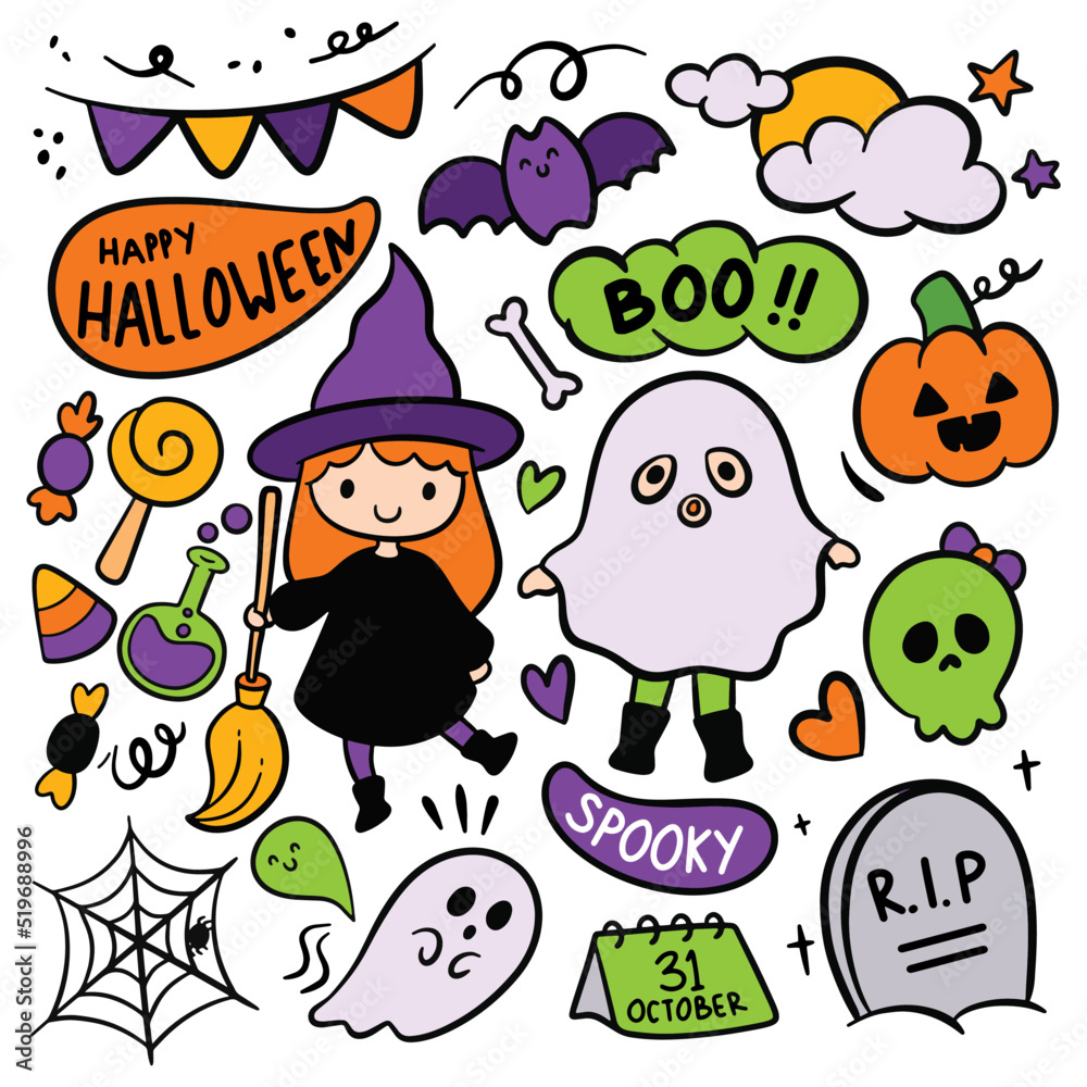 Fototapeta premium Set of Hand Drawn Cartoon Halloween Doodle Element, Vector Clip Art