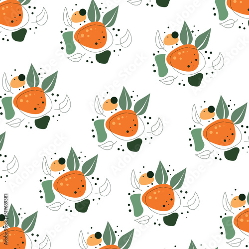Seamless pattern with orange cherry plums and leaves. Prunus cerasifera, alycha on a white background.