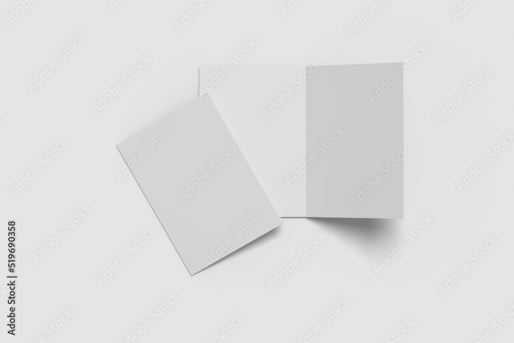 Realistic blank bifold brochure illustration for mockup. 3D Render. Realistic blank bifold brochure illustration for mockup. 3D Render.