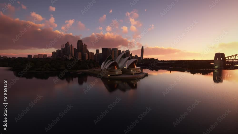 Aerial panoramic sunset view of the Sydney Opera House over the Harbor Bridge. Australia