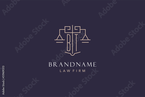 Initial letter BT logo with scale of justice logo design, luxury legal logo geometric style