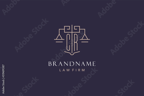 Initial letter CR logo with scale of justice logo design, luxury legal logo geometric style