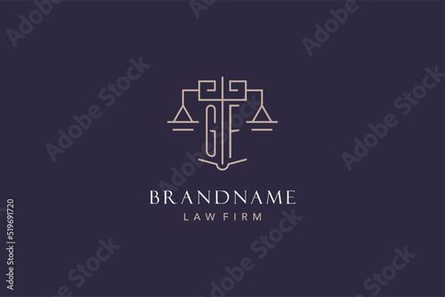 Initial letter GF logo with scale of justice logo design, luxury legal logo geometric style