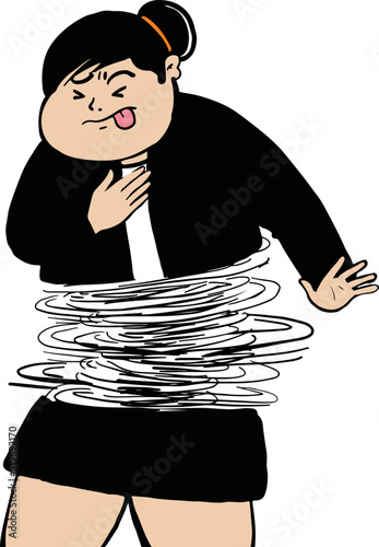 cartoon overweight woman working in the office suffering from irritable bowel syndrome