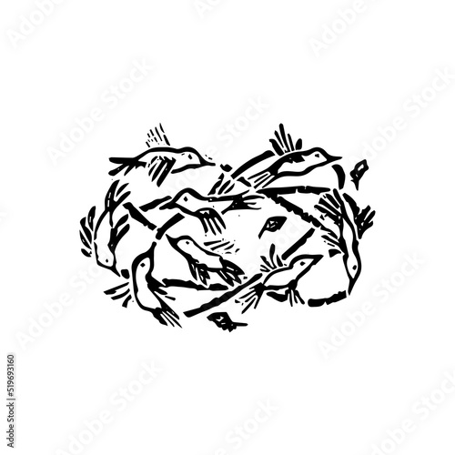 Birds Flying Dotwork. Vector Illustration of Hand Drawn Objects.