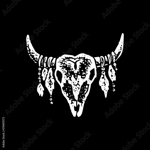 Buffalo Skull Black Dotwork. Vector Illustration of Hand Drawn Objects.