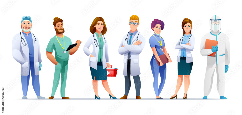 Fototapeta premium Set of medical doctor and nurse cartoon characters isolated on white background