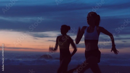 Wallpaper Mural R18-08-A-50. Fitness, exercise and healthy fit women running along the ocean coast during sunset. Females exercising for cardio, building endurance and stamina for health and wellness. Torontodigital.ca