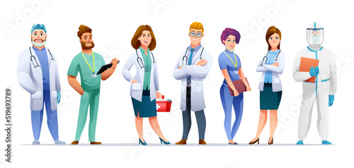 Set of medical doctor and nurse cartoon characters isolated on white background