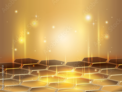 Luxury gold of honeycomb geometric with elegant light and shadow golden on abstract background. pedestal for fashion cosmetic product or beauty. 3D Illustration.