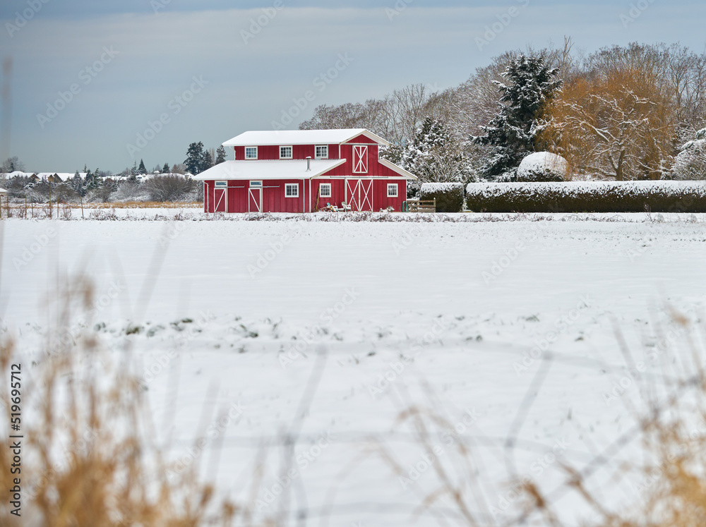 Red Barn in Winter Snow. Fresh winter snow and a red barn on a farm.

