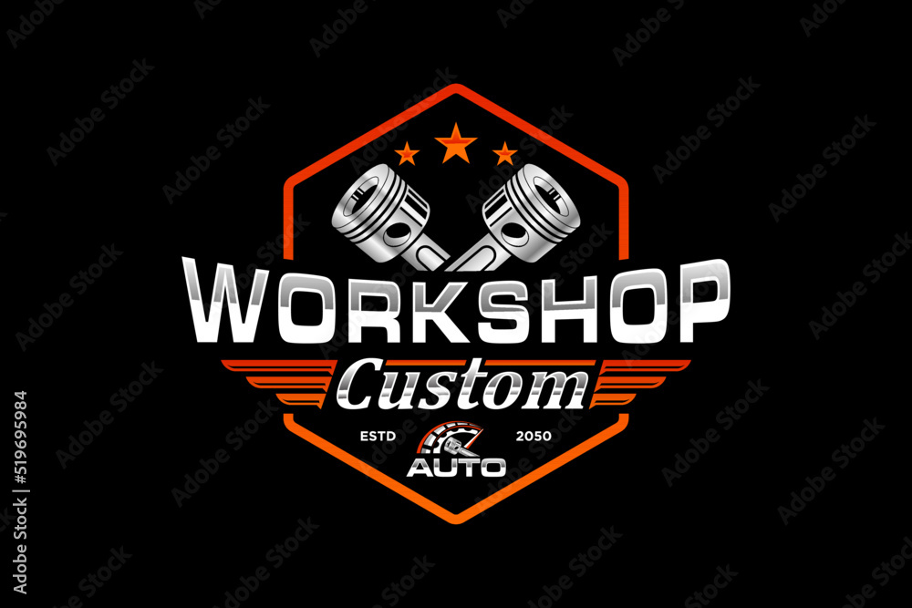 Automotive piston workshop logo design modern badge style custom car service engine tune up icon symbol illustration