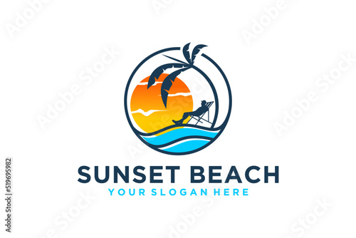 Beach logo sunset scene palm coconut tree with sun chair relaxation summer illustration icon symbol