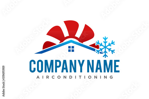 Air conditioning Cooling and heating house logo design blower fan and snowflake icon symbol roof window 