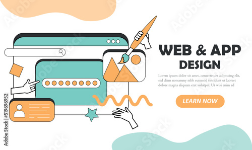 Website design concept. Development of graphic elements for programs and apps. Modern technologies and digital world, interface for software and pages on Internet. Cartoon flat vector illustration