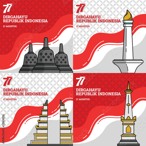 Designing banners, greeting cards, Indonesian independence day with Borobudur, Indonesian National Monument and many more.