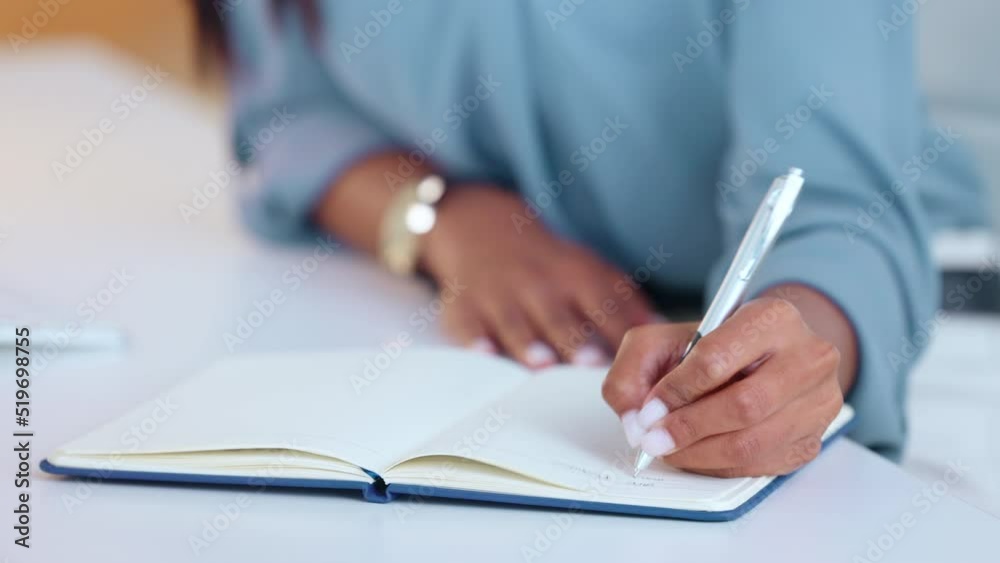 Businesswoman, receptionist and secretary writing notes, report or list of ideas while planning in a notebook at the office. Hands of female entrepreneur making a note of appointments and schedule Businesswoman, receptionist and secretary writing notes, report or list of ideas while planning in a notebook at the office. Hands of female entrepreneur making a note of appointments and schedule