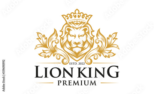 Royal king lion crown symbols. Elegant gold Leo animal logo. Premium luxury brand identity icon. Vector illustration.