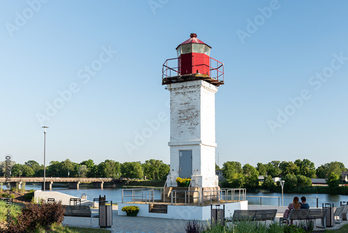 Lighthouse and bridge in Salacgriva, Latvia.