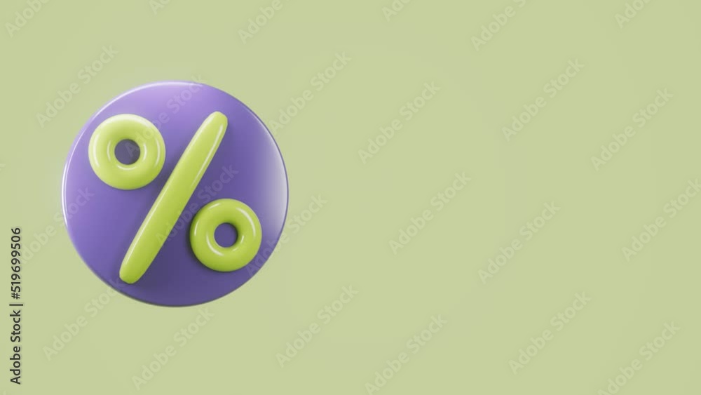 3d rotating purple round icon of percent discount with green background. 3d rotating purple round icon of percent discount with green background.