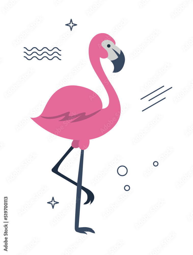 Minimalist flamengo concept. Bird, symbol of tropical and exotic countries. Poster or banner for website, social media sticker. Summer season, travel and vacation. Cartoon flat vector illustration