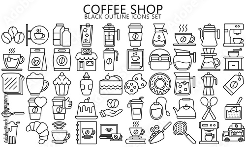 coffee shop icon set, hot cup, coffee to go, cafe, green tea, sandwich, shop, ice, cocktail, coffee maker, iced, french press, mill, pot, machine, beans, paper. vector eps 10 ready convert to SVG.