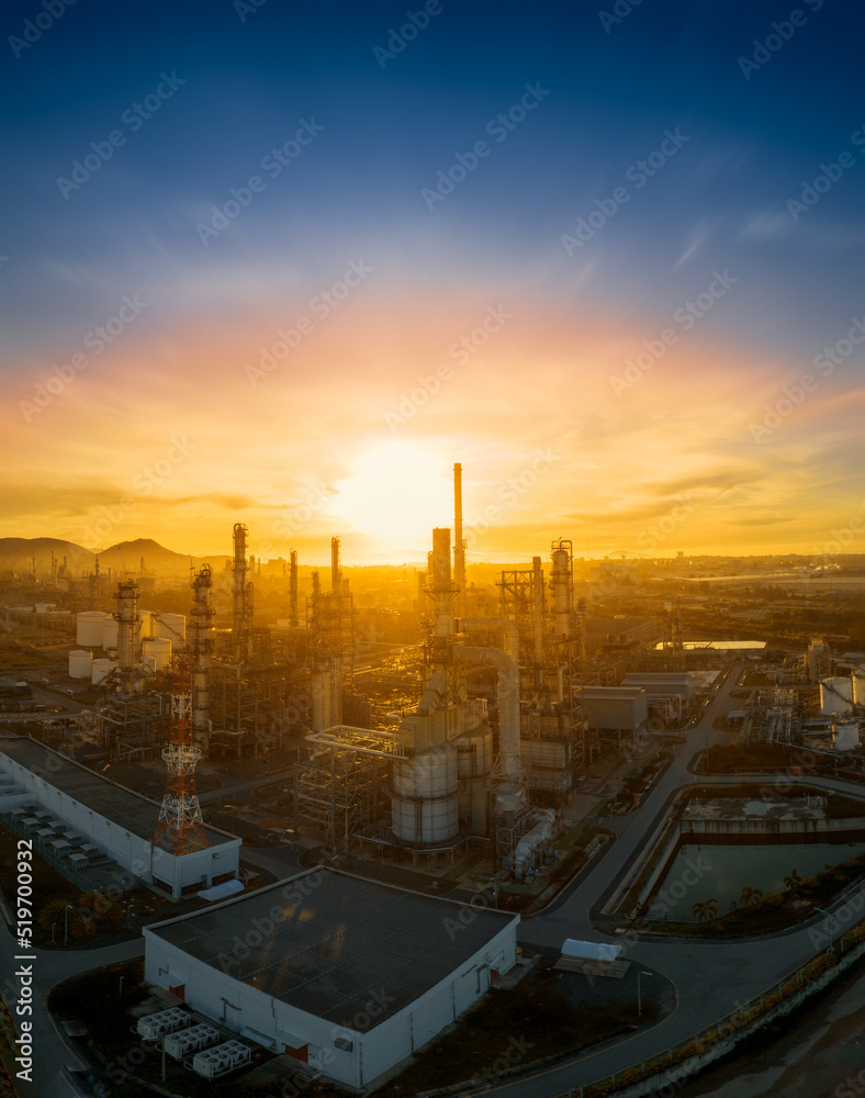 Fototapeta premium Oil Refinery Gas Chemical Equipment Prodiction import export Concept, Crude Oil Refinery Plant Steel Pump Pipe line and Chimney and Cooling tower, Chemical or Petrochemical power plant, industry
