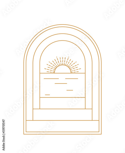 Abstract boho window. Graphic element for website, minimalistic arch with bright sun. Mysticism and esotericism, whitchcraft and paintings in bohemian style. Cartoon flat vector illustration photo