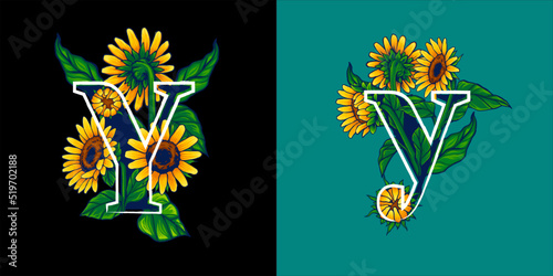 Summer Themed Letter Y Illustration with Sunflower Hand Drawn