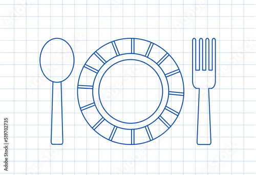 Baby spoon, fork and plate. Minimal stickers for social networks. Table decoration, meal preparation, cutlery and kitchen utensils. Graphic element for website. Cartoon flat vector illustration