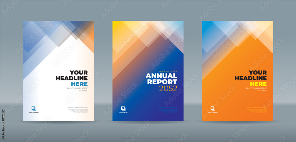 Modern random transparent triangle shape blue and orange color theme book cover template for annual report magazine