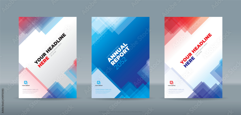 Modern random transparent triangle shape blue and red color theme book cover template for annual report magazine