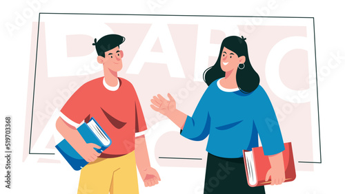 Young man and woman are talking, discussing or sharing ideas. Flat illustration.