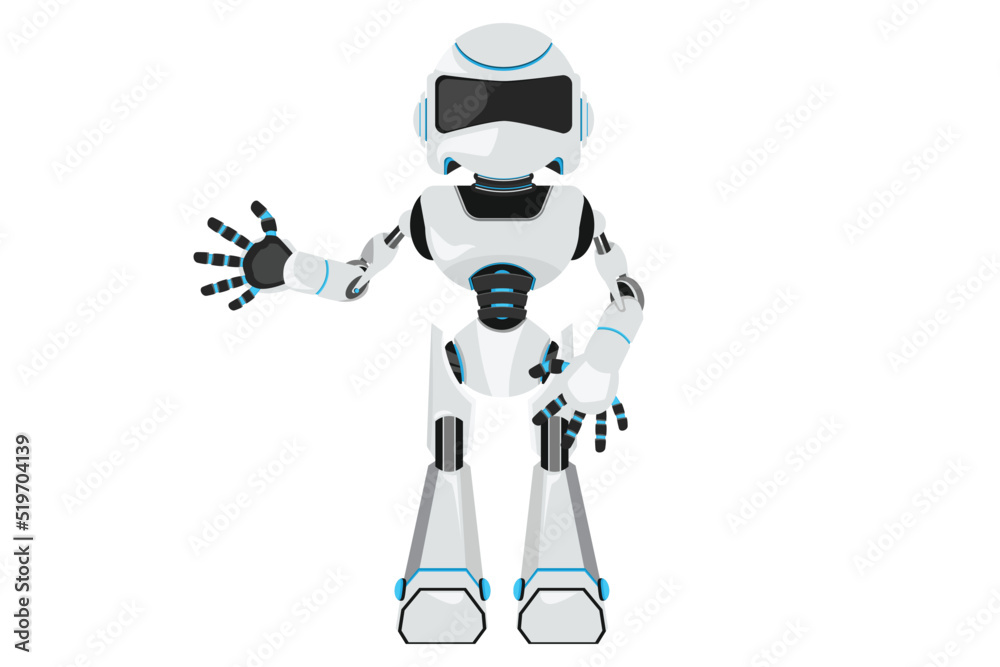 Business flat drawing robot presenting new product. Robot showing something or presenting project. Humanoid robot cybernetic organism. Future robotic development. Cartoon design vector illustration Business flat drawing robot presenting new product. Robot showing something or presenting project. Humanoid robot cybernetic organism. Future robotic development. Cartoon design vector illustration