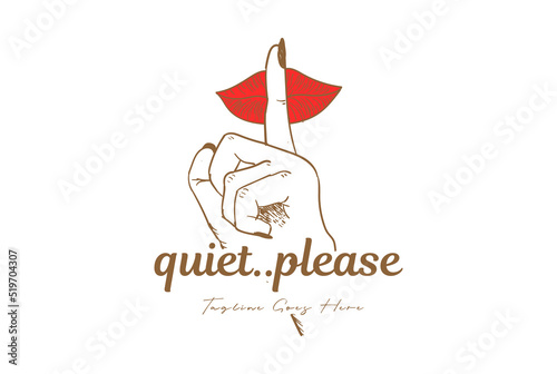 Hot Sexy Woman Lady Girl Female Lips with Finger for Silent Mum Quiet or Secret Logo Design Vector