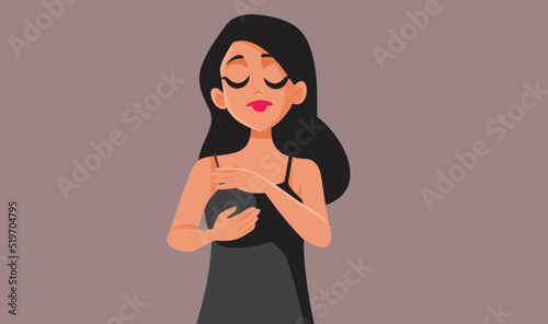 Woman Suffering from Premenstrual Syndrome Feeling Sore Vector Illustration. Girl examining her chest feeling a lump and pain
