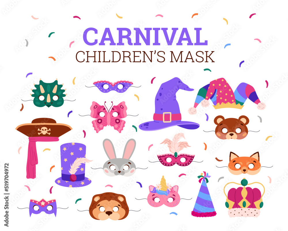 Carnival children's masks set, cute animal Halloween masks - cartoon flat vector illustration isolated on white. Carnival children's masks set, cute animal Halloween masks - cartoon flat vector illustration isolated on white.