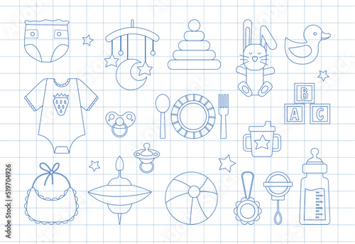 Baby elements set. Collection of stickers for social media. Kids toys and clothes, rompers and diapers. Whirligig, ball and rabbit. Cartoon flat vector illustrations isolated on checkered background